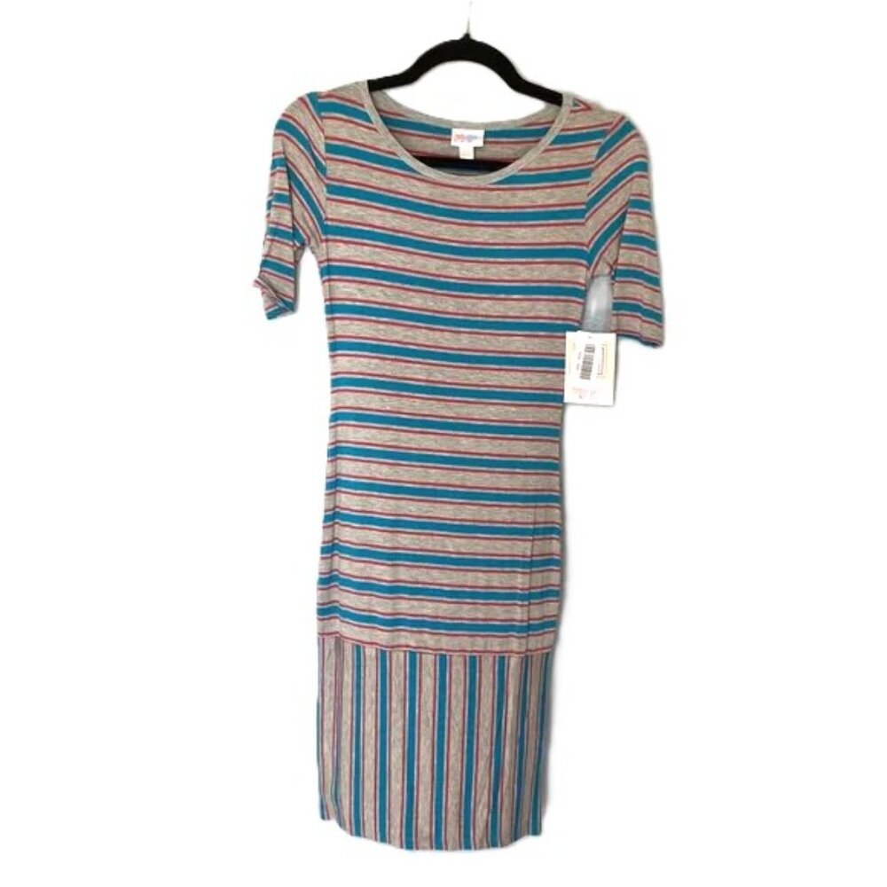 LuLaRoe Julia Pencil Dress XXS Stripes Preppy Stripes Gray Blue Pink/Red
